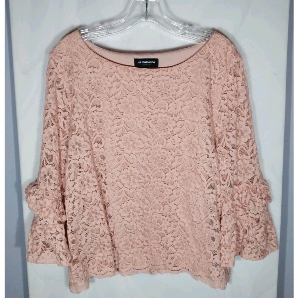 Liz Claiborne Career XXL Pink Floral Lace Blouse Scoop Neck Bell Sleeve Lined
